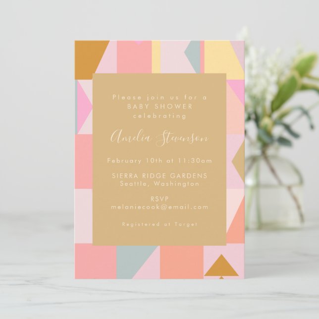 Cute Geometric Pastel Pink Gold Baby Shower Invitation (Standing Front)