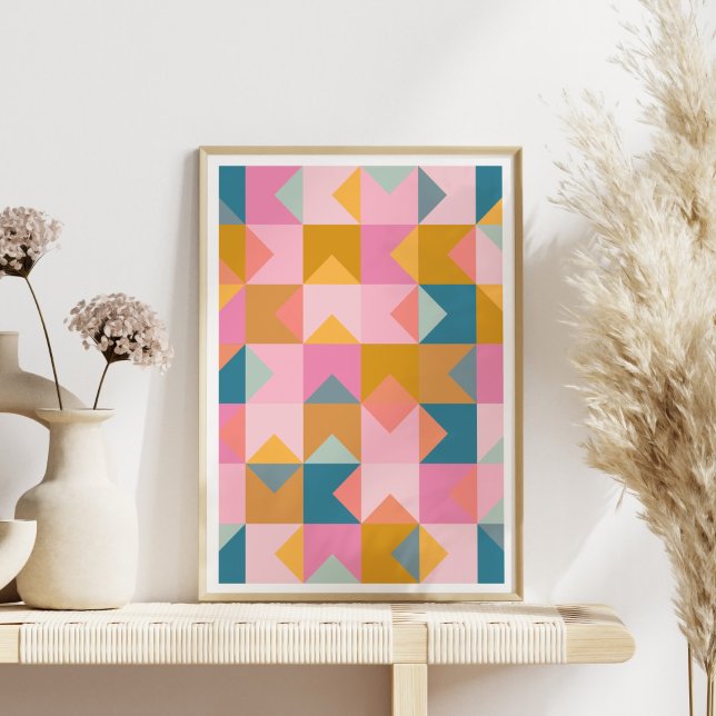 Cute Geometric Pattern in Teal Pink and Yellow Poster (Creator Uploaded)