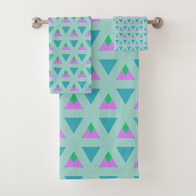 Cute Geometric Triangle Pattern Turquoise Purple Bath Towel Set (Insitu)