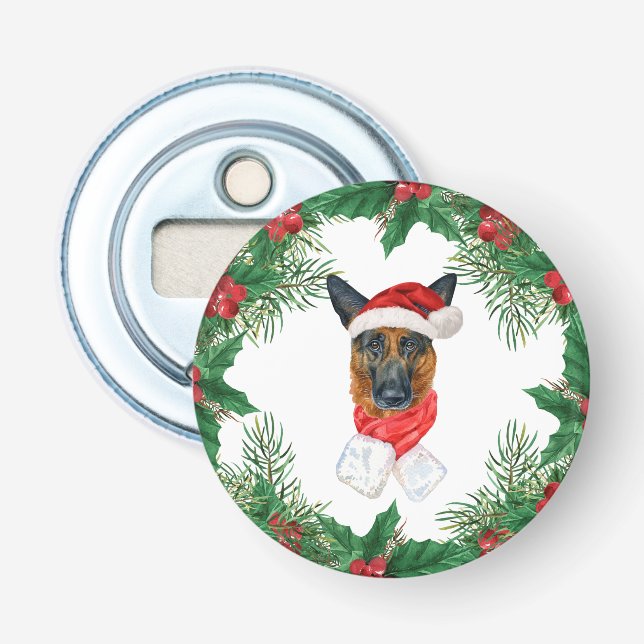 Cute German Shepherd Dog Christmas Pine Branches Bottle Opener (Front)