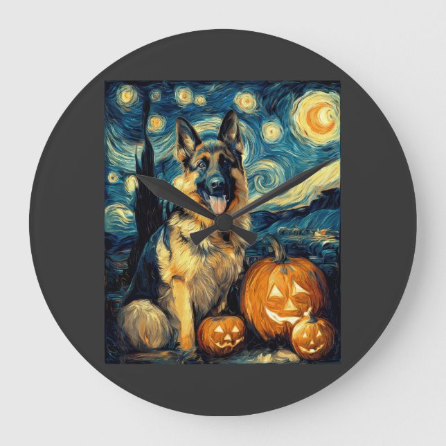 Cute German Shepherd Dog Halloween Jack O Lantern  Large Clock (Front)