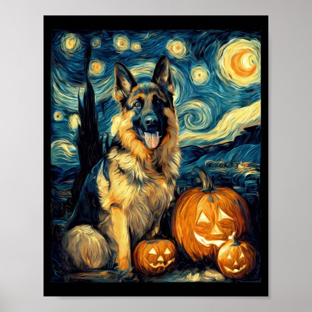 Cute German Shepherd Dog Halloween Jack O Lantern  Poster (Front)