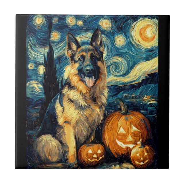 Cute German Shepherd Dog Halloween Jack O Lantern  Tile (Front)