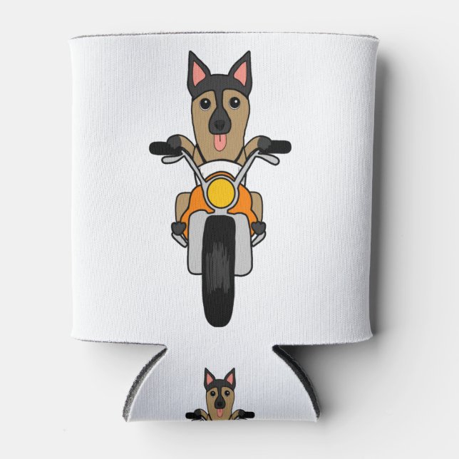 Cute German Shepherd Dog Riding A Motorcycle Can Cooler (Front)