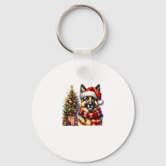 Cute German Shepherd Dog Santa Hat Christmas Tree  Key Ring (Front)