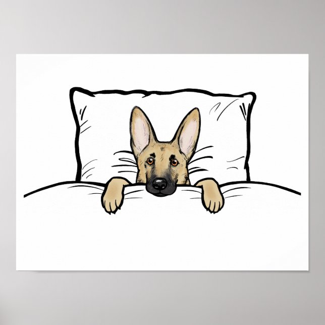 Cute German Shepherd Dog Tucked in Bed Poster (Front)