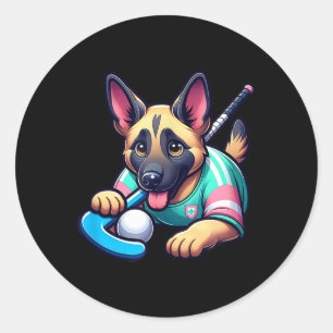 Cute German Shepherd Field Hockey Puppy Mascot Classic Round Sticker