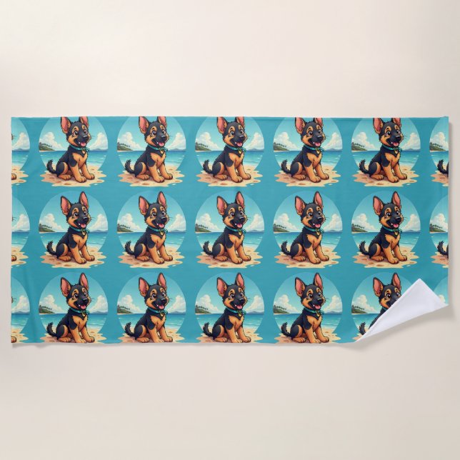 Cute German Shepherd Puppy Beach Illustration Beach Towel (Front)