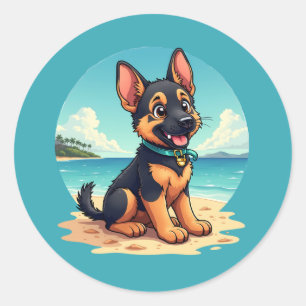Cute German Shepherd Puppy Beach Illustration Classic Round Sticker
