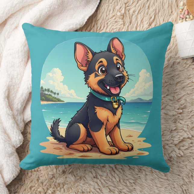 Cute German Shepherd Puppy Beach Illustration Cushion (Blanket)