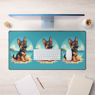 Cute German Shepherd Puppy Beach Illustration Desk Mat