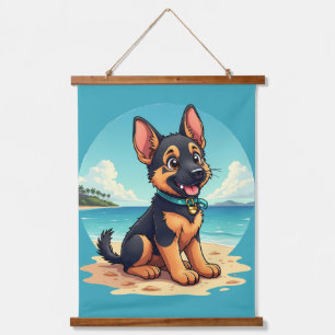 Cute German Shepherd Puppy Beach Illustration Hanging Tapestry
