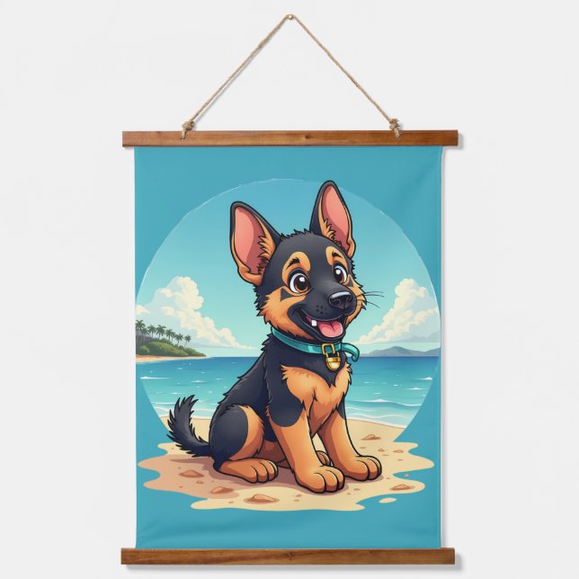 Cute German Shepherd Puppy Beach Illustration Hanging Tapestry (Front)