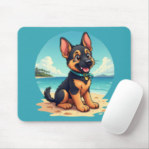 Cute German Shepherd Puppy Beach Illustration Mouse Mat
