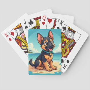 Cute German Shepherd Puppy Beach Illustration Playing Cards