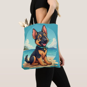 Cute German Shepherd Puppy Beach Illustration Tote Bag