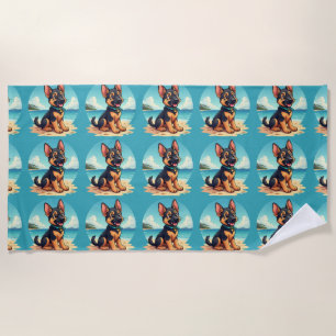 Cute German Shepherd Puppy Beach Illustration Towel