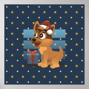 Cute German Shepherd puppy Cartoon Starry night Poster