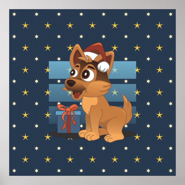 Cute German Shepherd puppy Cartoon Starry night Poster (Front)