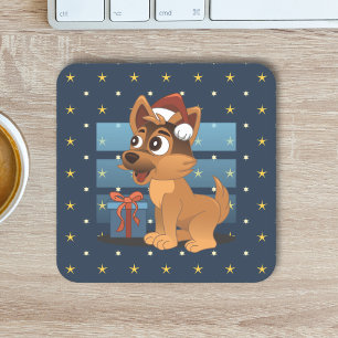 Cute German Shepherd puppy Cartoon Starry night Square Paper Coaster