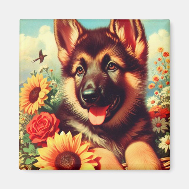 Cute German Shepherd Puppy Painting Magnet (Front)