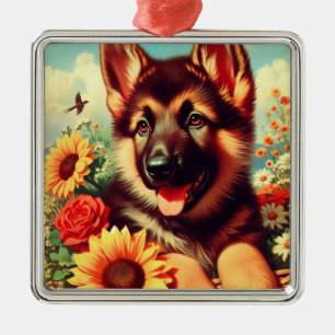 Cute German Shepherd Puppy Painting Metal Tree Decoration