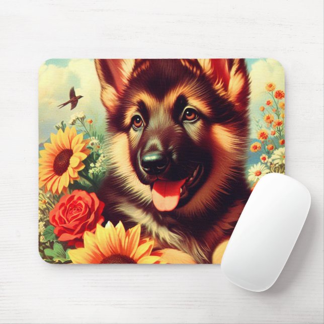 Cute German Shepherd Puppy Painting Mouse Mat (With Mouse)