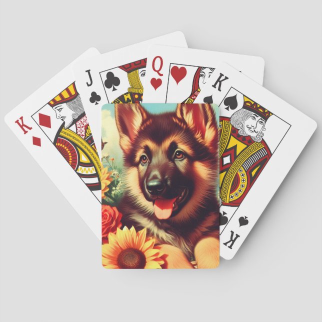 Cute German Shepherd Puppy Painting Playing Cards (Back)