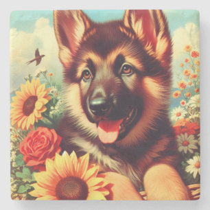 Cute German Shepherd Puppy Painting Stone Coaster