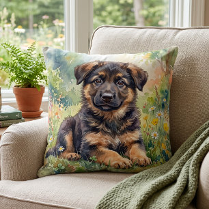 Cute German Shepherd Puppy Watercolor Cushion