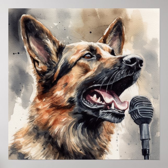 Cute German Shepherd singing through microphone Poster (Front)