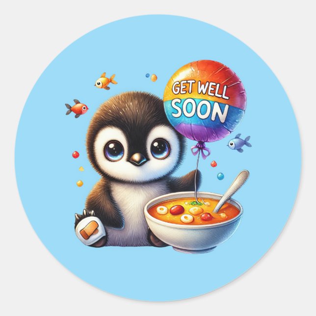 Cute get well soon penguin classic round sticker (Front)