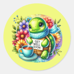 Cute get well soon turtle classic round sticker