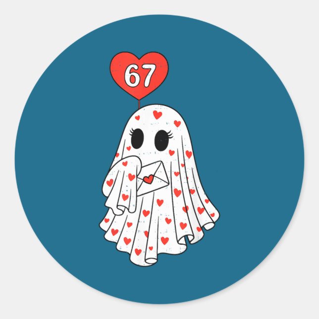 Cute Ghost 6 7 Six Seven Meme Valentines Day Men W Classic Round Sticker (Front)