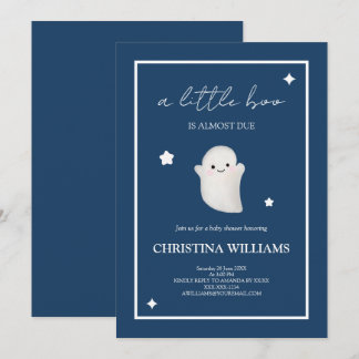Cute Ghost A Little Boo Navy Blue Baby Shower Invitation