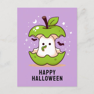 Cute Ghost and Apple Purple Halloween postcard