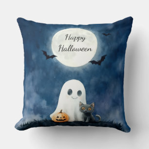 Cute Ghost and Black Cat Halloween Cushion