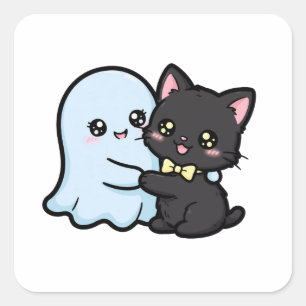 Cute Ghost and Black Cat Halloween Kawaii Square Sticker