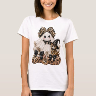 Cute Ghost and Black Cat Halloween Leopard Pumpkin T-Shirt