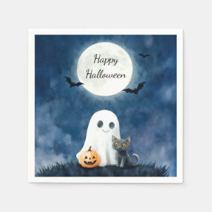 Cute Ghost and Black Cat Halloween Napkin