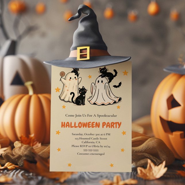 Cute Ghost and Black Cat Halloween Party Invitation (Cute Ghost and Black Cat Halloween Party Invitation with funny halloween decoration and a witch hat)