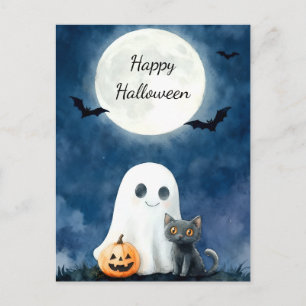 Cute Ghost and Black Cat Halloween Postcard