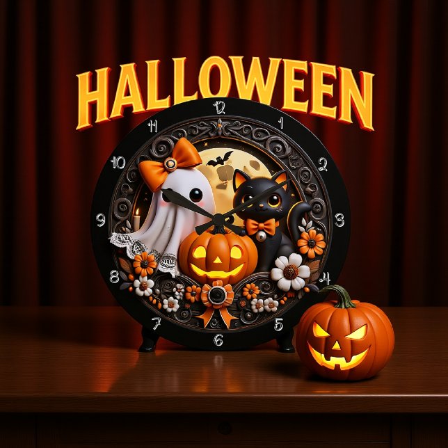 Cute Ghost and Black Cat Large Clock (Creator Uploaded)