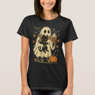 Cute Ghost And Black Cat Pumpkin Coffee Halloween T-Shirt