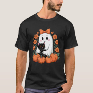 Cute Ghost and Black Cat Pumpkin Halloween Art T-Shirt