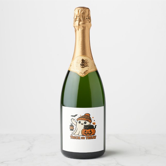 Cute Ghost and Black Cat Trick or Treat Classic T- Sparkling Wine Label (Front)