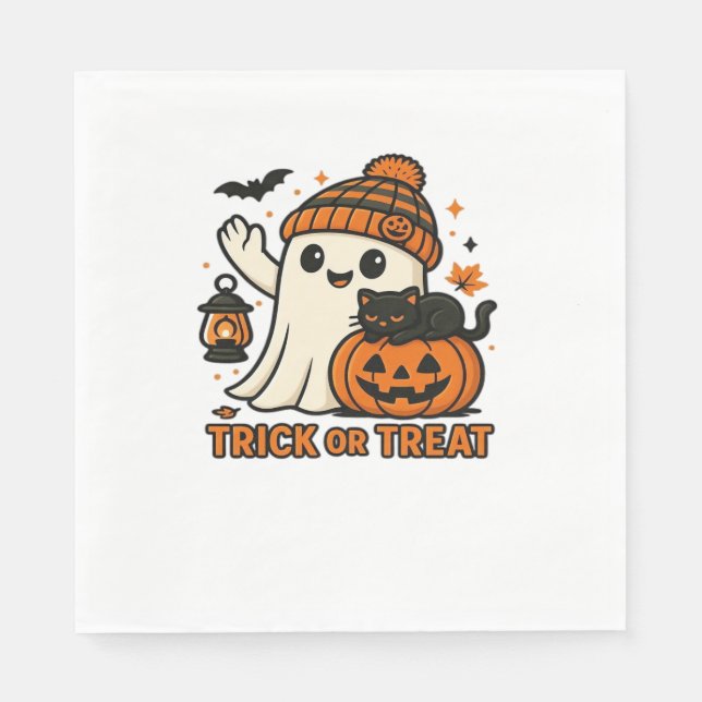 Cute Ghost and Black Cat Trick or Treat Oversized  Napkin (Front)