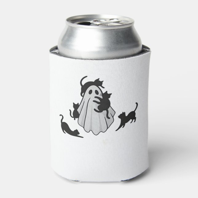 Cute Ghost and Black Cats Classic T-Shirt Can Cooler (Can Front)