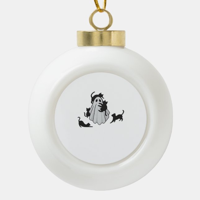 Cute Ghost and Black Cats Classic T-Shirt Ceramic Ball Christmas Ornament (Front)