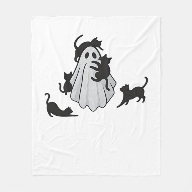Cute Ghost and Black Cats Classic T-Shirt Fleece Blanket (Front)